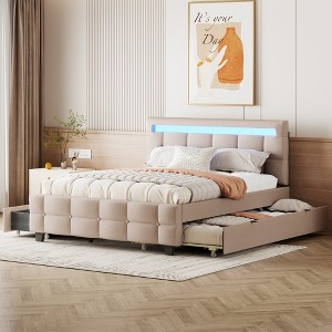 Queen Size Upholstered Platform Bed with LED Light, Twin XL Size Trundle and 2 Drawers, Beige/Dark Gray/Pink-ModernLuxe - 1 of 4