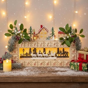 NAYSAYE Christmas Advent Calendar, Wooden 24 Drawers Lighted Village Scene for Table Mantel Reusable Countdown Holiday Gift, Beige, 17.3"*2.8"*10.8" - 1 of 4