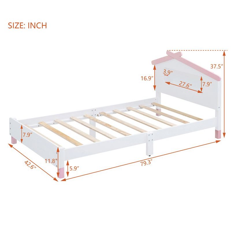 Twin Size Bed Frames, Wooden Platform Bed With House-shaped Headboard, Motion Activated Night Lights, White+Pink, 3 of 8