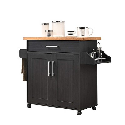 Photo 1 of (INCOMPETE/NOT FUNCTIONAL)Hodedah Wheeled Kitchen Island with Spice Rack and Towel Holder, Black/Beech