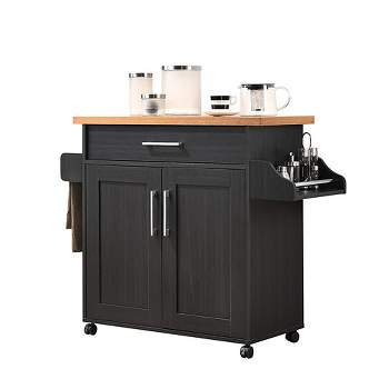Hodedah Wheeled Kitchen Island with Spice Rack and Towel Holder, Black/Beech