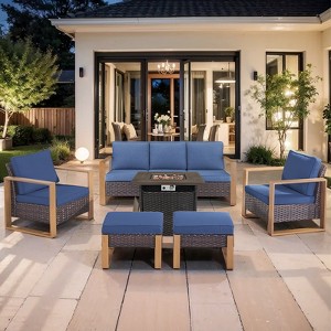 Patio Wicker Furniture Set with Fire Pit Table, 6PCS Patio Conversation Set with Outdoor Fire Table, PE Rattan Patio Chairs with Sofa Ottoman - 1 of 4