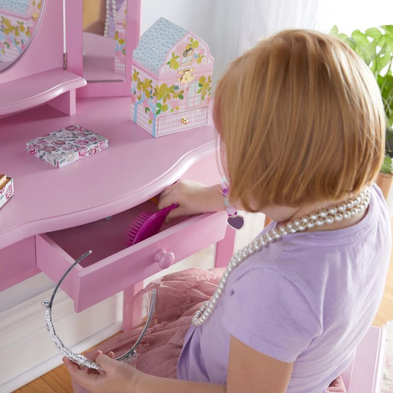 Guidecraft Kids' Vanity and Stool Set: Little Girls Pretend Play Dress Up Desk and Makeup Mirror with Storage Drawer and Chair, 5 of 7