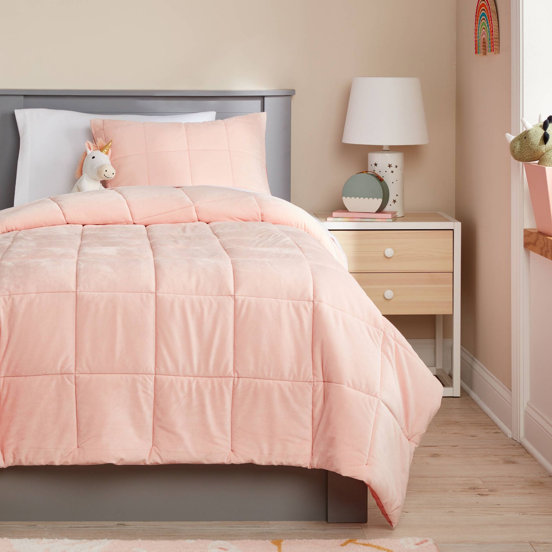 Full/Queen Kids' Comforter Set Windowpane Velvet Pink - Pillowfort™: Polyester Bedding, Box Quilting, OEKO-TEX Certified