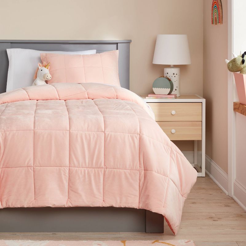 Kids' Comforter Set Windowpane Velvet Pink - Pillowfort™, 3 of 11