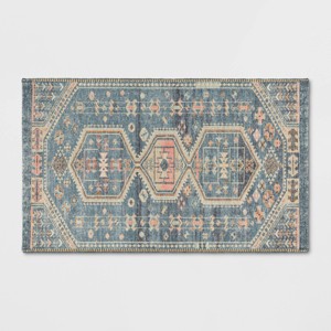 2'3"x3'9" Washable Persian Style Medallion Accent Rug Blue - Threshold™: Traditional Flat Pile, Machine Washable - 1 of 4