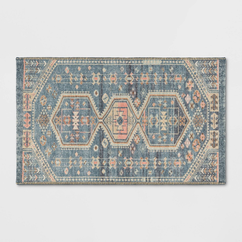 Photos - Doormat 2'3"x3'9" Washable Persian Style Medallion Accent Rug Blue - Threshold™