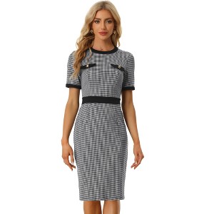 Allegra K Women's Plaid Houndstooth Short Sleeve Contrast Bodycon Dress - 1 of 4