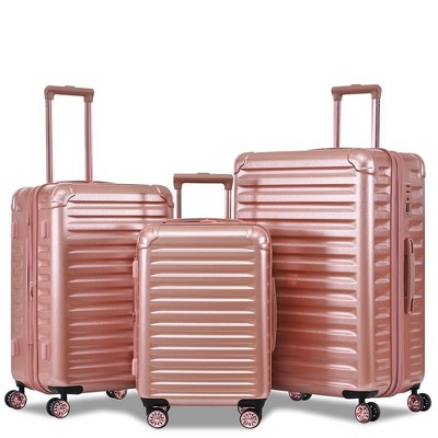 3 Pieces Luggage Set PC+ABS Hardside Expandable Travel Lightweight Luggage Set Double Spinner Wheel Suitcase Set TSA Lock  Expandable-Rose Gold