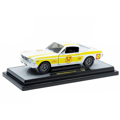 1966 Ford Mustang 2+2 GT #57 "Shell Oil" White with Yellow Stripes Limited Edition 1/24 Diecast Model Car by M2 Machines