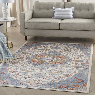 Ivory Blue Floral Medallion 8' x 10' Synthetic Rug