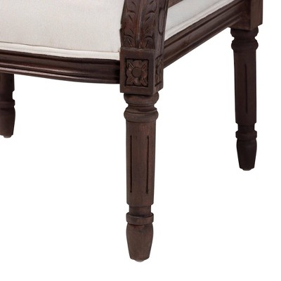 French Provincial Dark Brown Wood and Beige Fabric Accent Chair