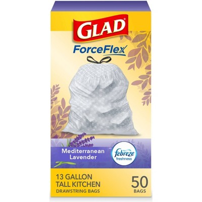 Glad ForceFlex + Tall Kitchen Drawstring White Trash Bags – Mediterranean Lavender Scent with Febreze Freshness – 13 Gallon - 50ct