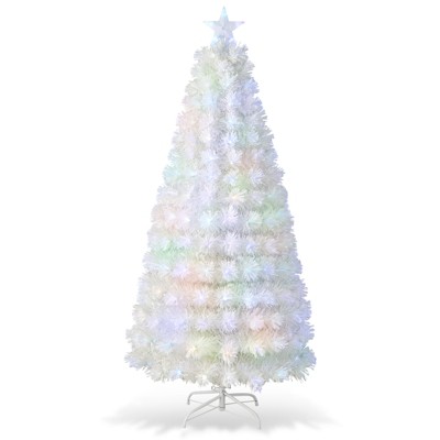 Tangkula 5/6/7FT Pre-lit Fiber Optic Christmas Tree White Snow-Flocked Artificial Xmas Tree with 170/220/270 Branch Tips