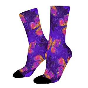 Colorful Butterfly On Purple Women Printed Crew Socks Funny Funky Socks Soft Polyester Novelty Gifts for Artists Men - 1 of 1