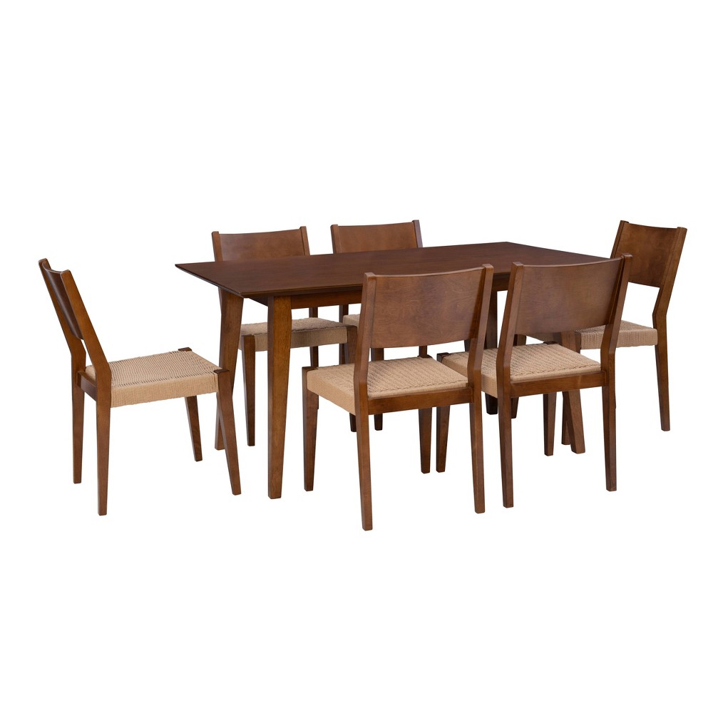 Photos - Dining Table 7pc Clara Curved Back Woven Chairs and Table Dining Set Brown - Powell