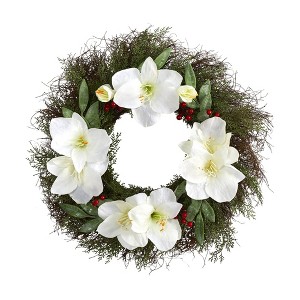 Nearly Natural 20” Cedar, Amaryllis and Ruscus with Berries Artificial Wreath - 1 of 3