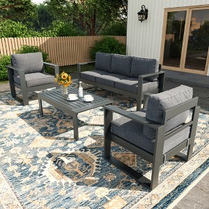 LayinSun 4 Pieces Aluminum Outdoor Patio Furniture Set, Metal Modern Conversation Sofa Set with Coffee Table and Washable Thick Cushions - 1 of 4