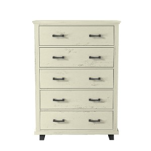 38" Wide Chest of 5 Drawers with Stylish Metal Wood Grain Handles Saw Cut Off White - Festivo: Modern Farmhouse MDF Storage Organizer - 1 of 4