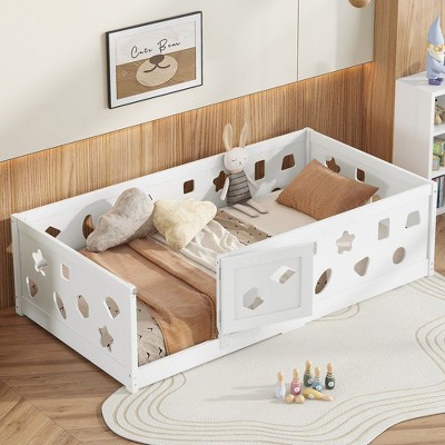 CAVINAS Kids Toddler Bed with Safety Guardrails,Twin/Full Size Floor Bed with Door,Montessori Bed for Bedroom,White
