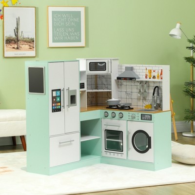 Mint Green Corner Play Kitchen with Chalkboard and Realistic Features