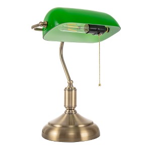 YANSUN 15 in. 1-Light Rustic Brass Table Lamp with Green Glass Shade E26, Modern Table Lighting for Bedroom or Living Room - 1 of 1