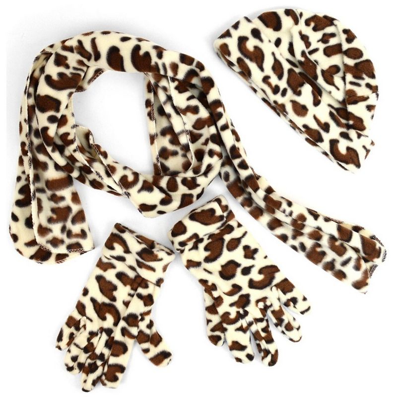 Women's Brown Fleece Jaguar 3-Piece Gloves Scarf Hat Winter Set, 1 of 4