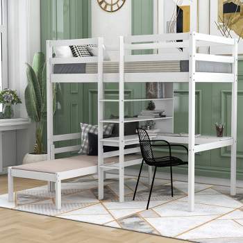 Convertible Loft Bed with L Shaped Desk, Shelf and Ladder, White - ModernLuxe