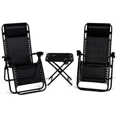 Costway 3PC Zero Gravity Reclining Lounge Chairs Table Pillows Folding Portable Black