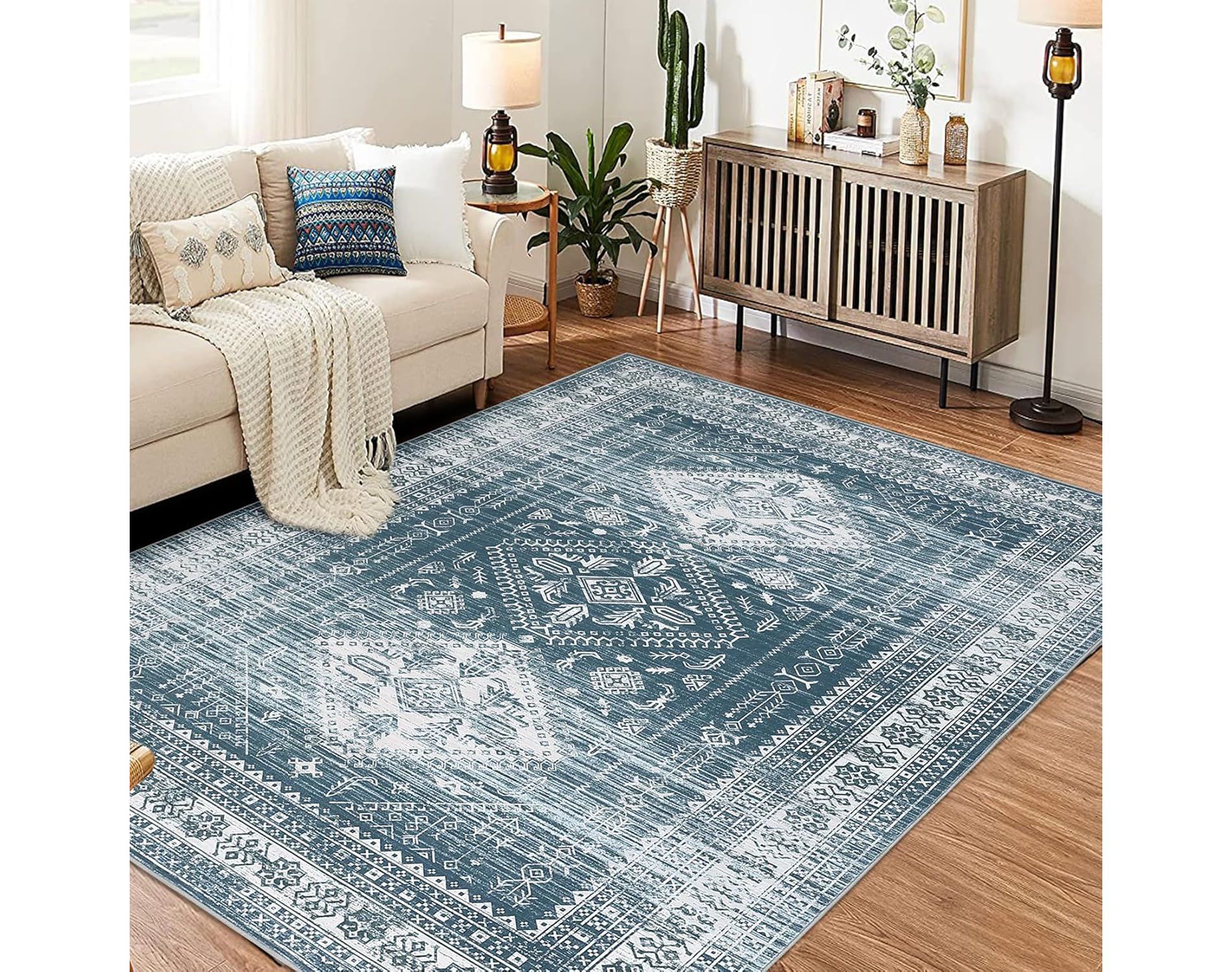 Vintage Washable Area Rug - Non-Slip Low Pile Abstract Rug with Rubber Backing, Soft Throw Carpet for Living Room, Kitchen, Dining Room Office Decor