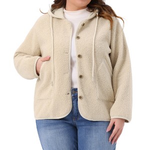 Agnes Orinda Women's Plus Size Fleece Hooded Fuzzy Long Sleeve Button Down Casual Teddy Jacket with Pockets - 1 of 4