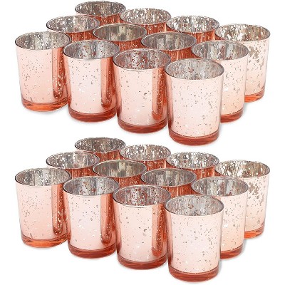 Round Rose Gold Mercury Glass Cylinder Votive Tealight Candle Holder Set of 24 Decorative, 2.2"x2.2"x2.6"