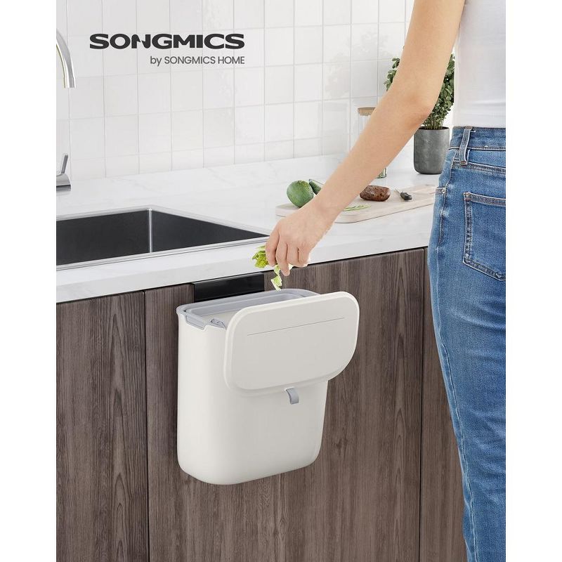 SONGMICS Trash Can, 2.4 Gallon Kitchen Compost Bin, Garbage Can for Kitchen, Kitchen Trash Can Hanging, Wall Mounted Trash Can,White, 4 of 9