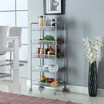 LunaLulink 5-Tier Storage Cart Rolling Trolley, Push Organizer Utility Cart with Lockable Wheels, Hooks, for Home Kitchen, Office