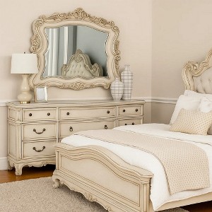 Royal Hampton 50 Inch Solid Wood Mirror, Scalloped, Scroll Ornate Trim, Antique White - 1 of 4