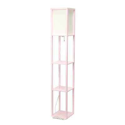 Elegant Light Pink Column Floor Lamp with Linen Shade and Display Shelves