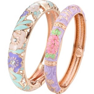 Vintage Cloisonne Enamel Rhinestone Rose Hinged Cuff Bracelet Bangle Set for Women - 1 of 4