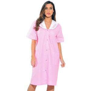 Dreamcrest Womens Short Sleeve Duster, Seersucker Gingham Housecoat/Women Sleepwear Embroidered Snap Front Nightgown - 1 of 3