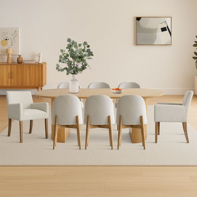 7-piece Dining Room Table Set, Oak Oval Table with 6 Linen Fabric Dining Chair and 2 Captain's Chair with Solid Wood Legs, Dining Room- Maison Boucle