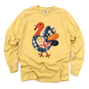 Plaid Turkey Patchwork Print - Women's Garment Dyed Long Sleeve Graphic T-Shirt - 1 of 4