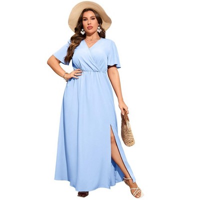 Whizmax Women Plus Size Wrap Maxi Dress Short Flutter Sleeves Empire Waist Split A Line Boho Casual Dress