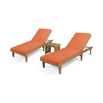 Nadine 3pc Outdoor Acacia Wood Chaise Lounge Set with Cushions - Teak/Orange - Christopher Knight Home