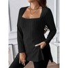 Clearlove Womens Plus Size Square Neck Long Sleeve Shirts Side Split Tunics Ribbed Knit Pullover Sweaters - 3 of 4