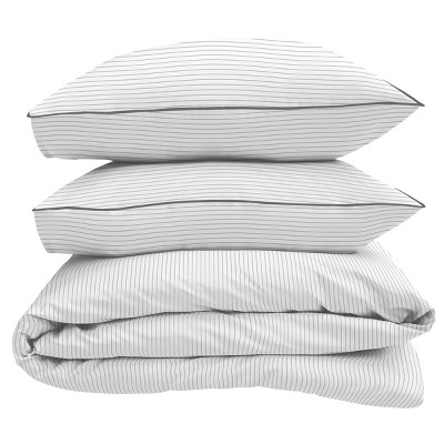 King Size Light Gray Pinstripe Cotton Duvet Cover Set
