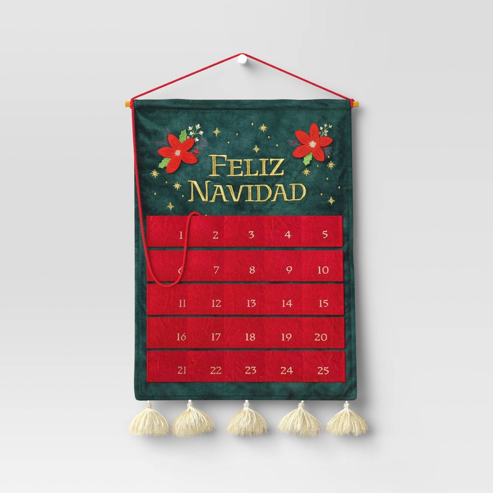 24.5" 'Feliz Navidad' Fabric Christmas Advent Calendar with Star Counter Green/Red - Wondershop™