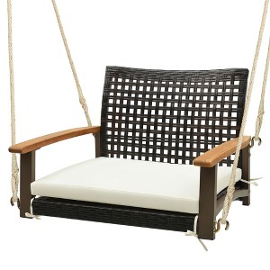 Tangkula Rattan Porch Swing Patio Wicker Single Hanging Seat w/ Seat Cushion & Acacia Wood Armrests - 1 of 4
