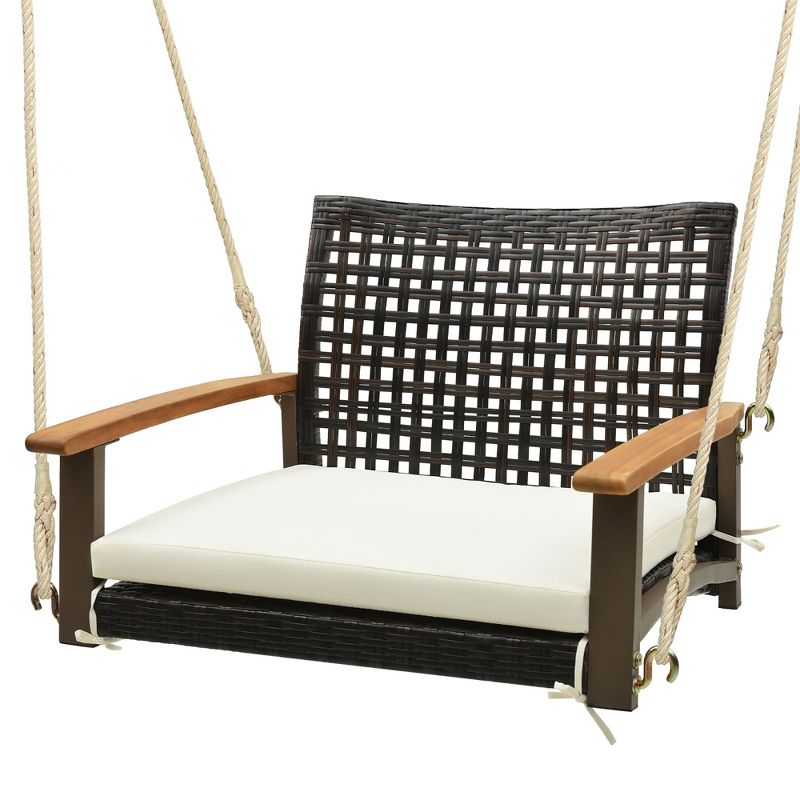 Tangkula Rattan Porch Swing Patio Wicker Single Hanging Seat w/ Seat Cushion & Acacia Wood Armrests, 1 of 10