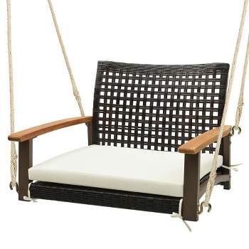 Tangkula Rattan Porch Swing Patio Wicker Single Hanging Seat w/ Seat Cushion & Acacia Wood Armrests
