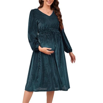 Maternity Velvet Dress V Neck Long Sleeve High Waisted Midi Dress Baby Shower Photoshoot
