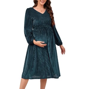 Maternity Velvet Dress V Neck Long Sleeve High Waisted Midi Dress Baby Shower Photoshoot - 1 of 4